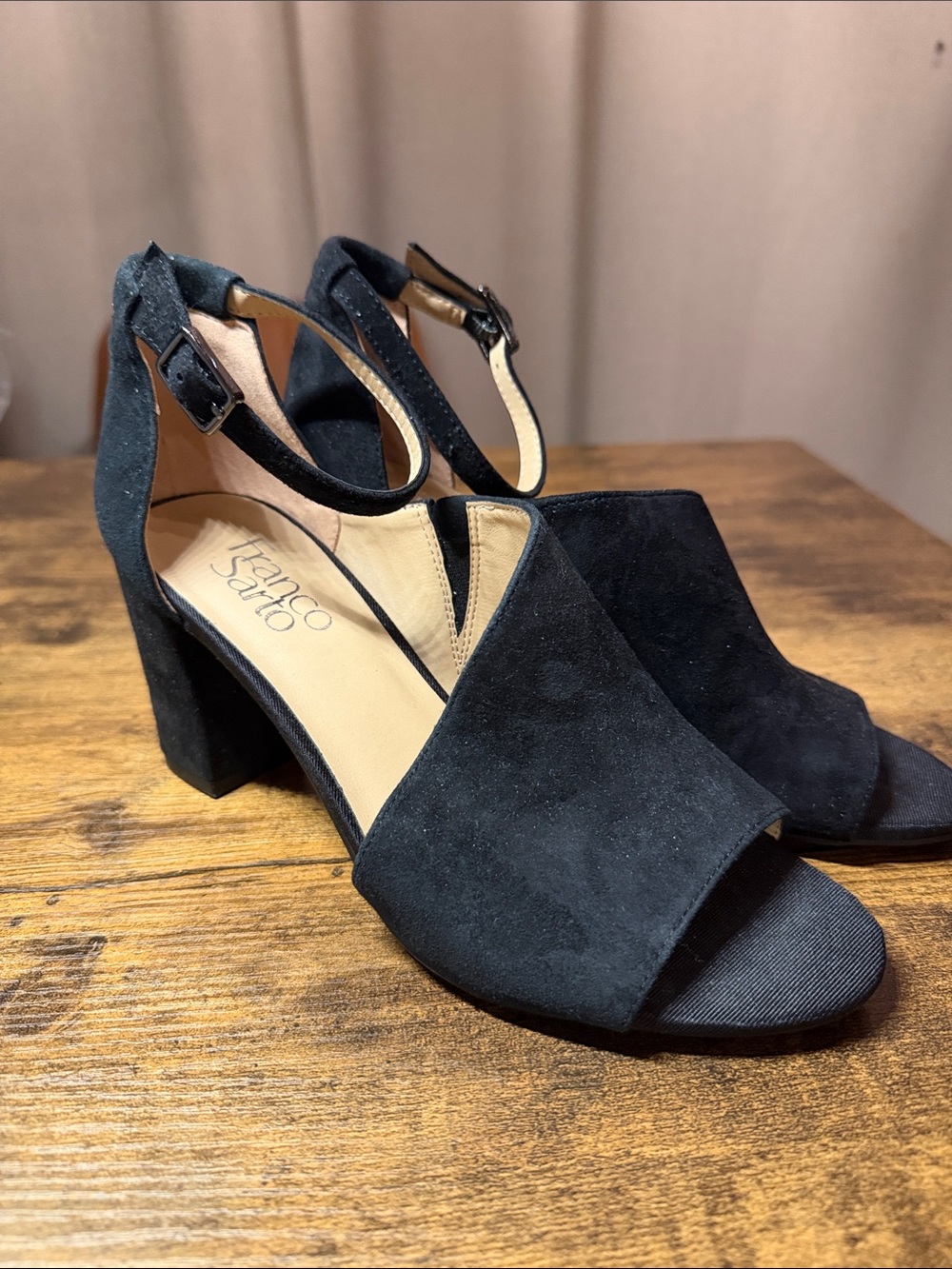 Franco Sarto Black Suede Open-Peep Toe Block Heels